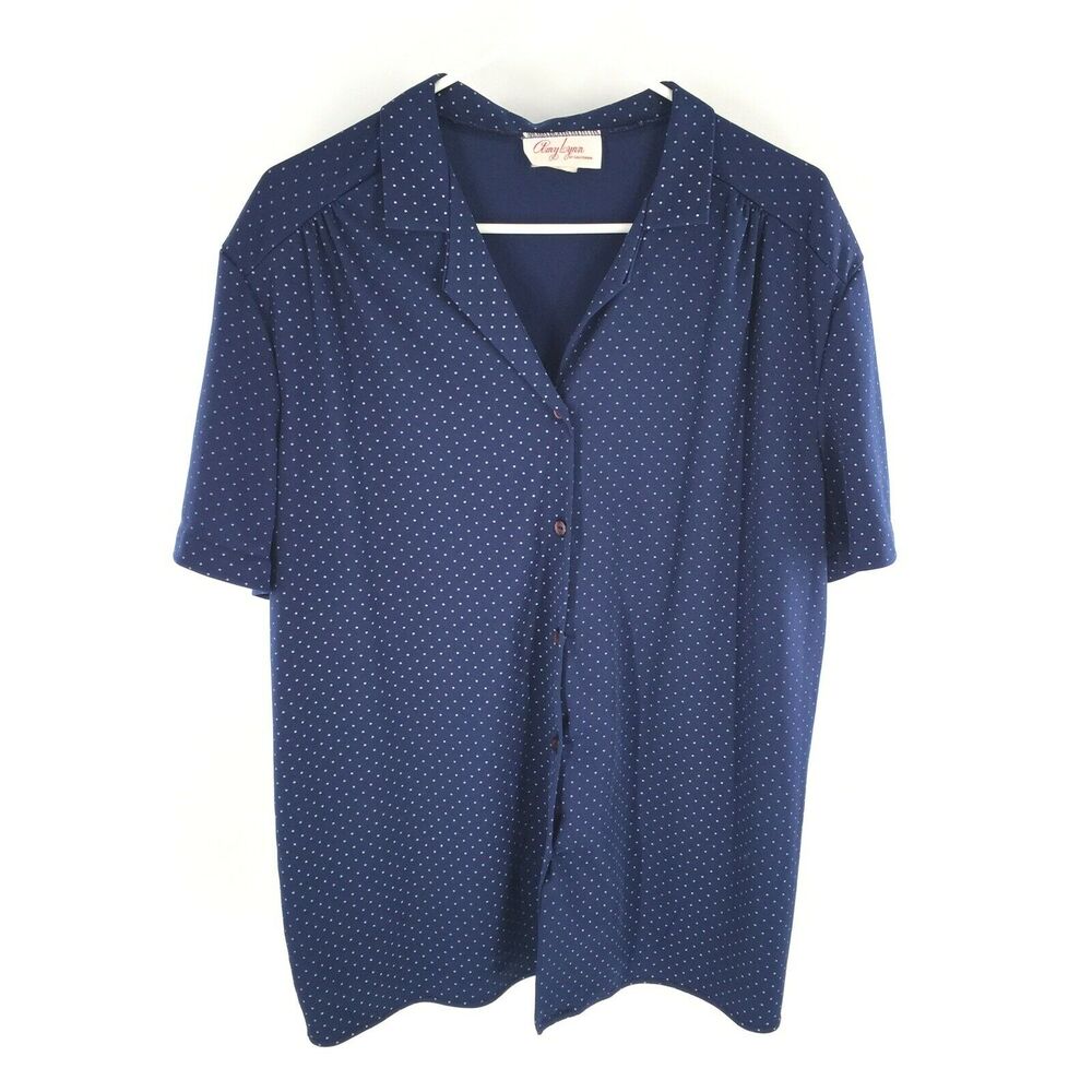 Vintage Amy Lynn of California Polka Dot Print Button Down Blouse XL Blue White